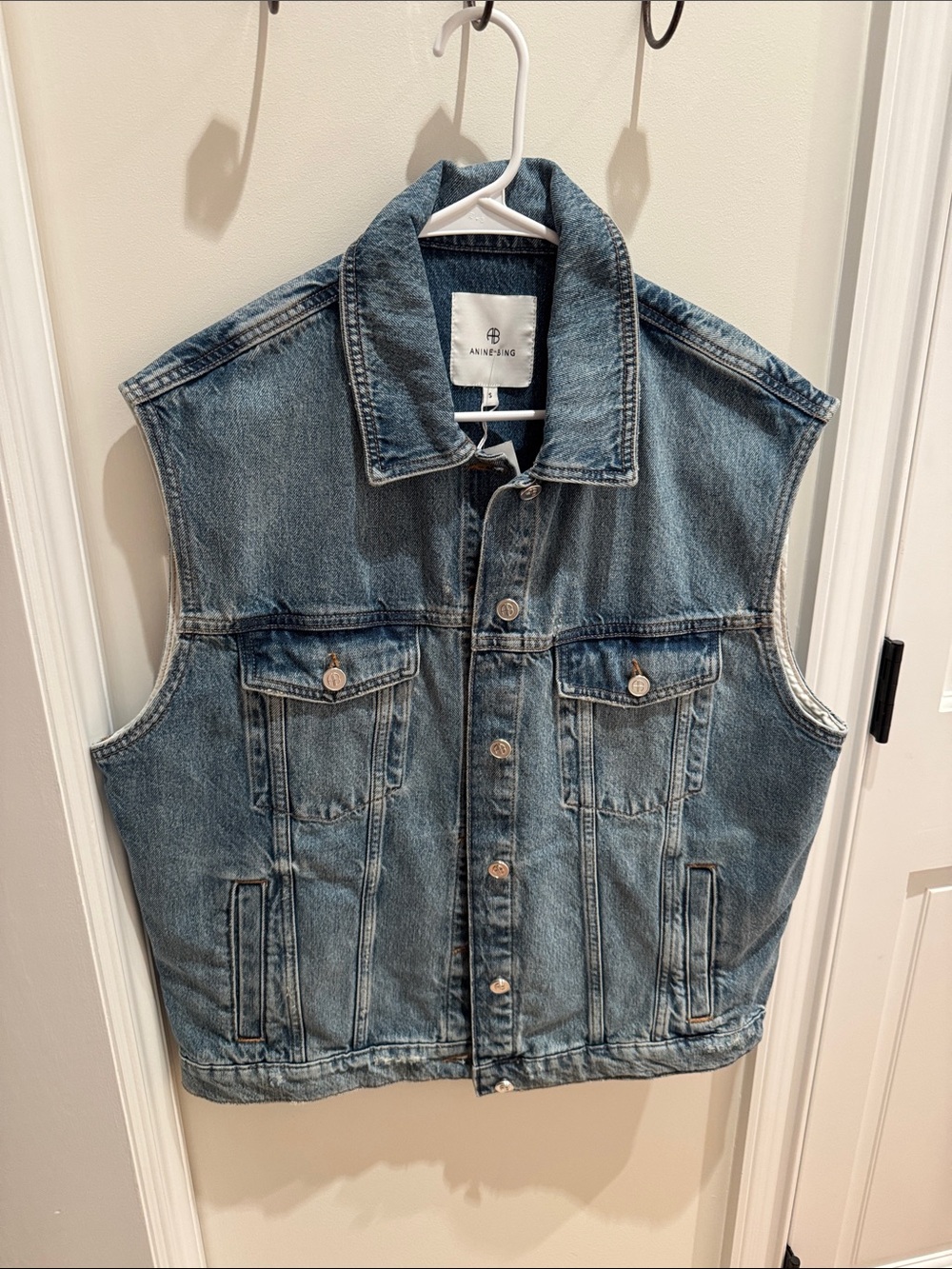Anine Bing Washed Denim Sleeveless Jacket in Blue